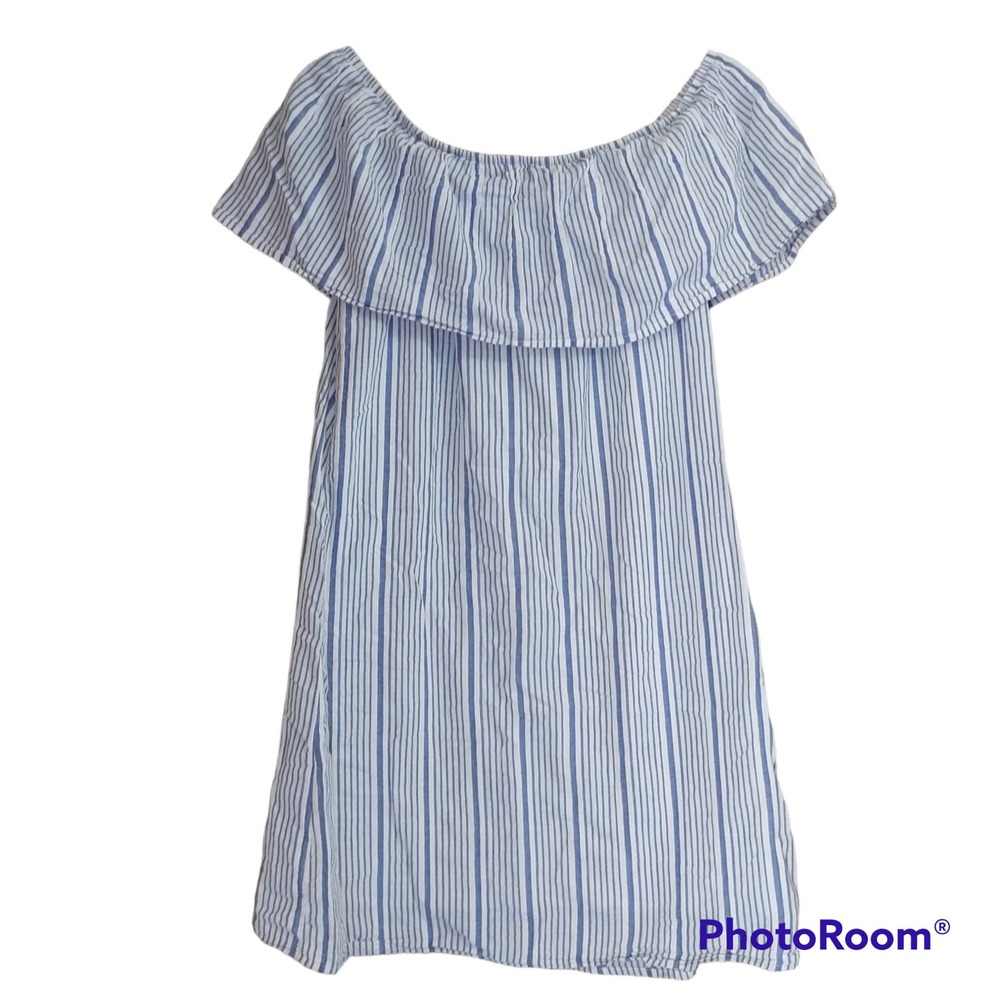 Mod Ref Blue White Pin Stripe Off Shoulder Ruffled Mini Dress